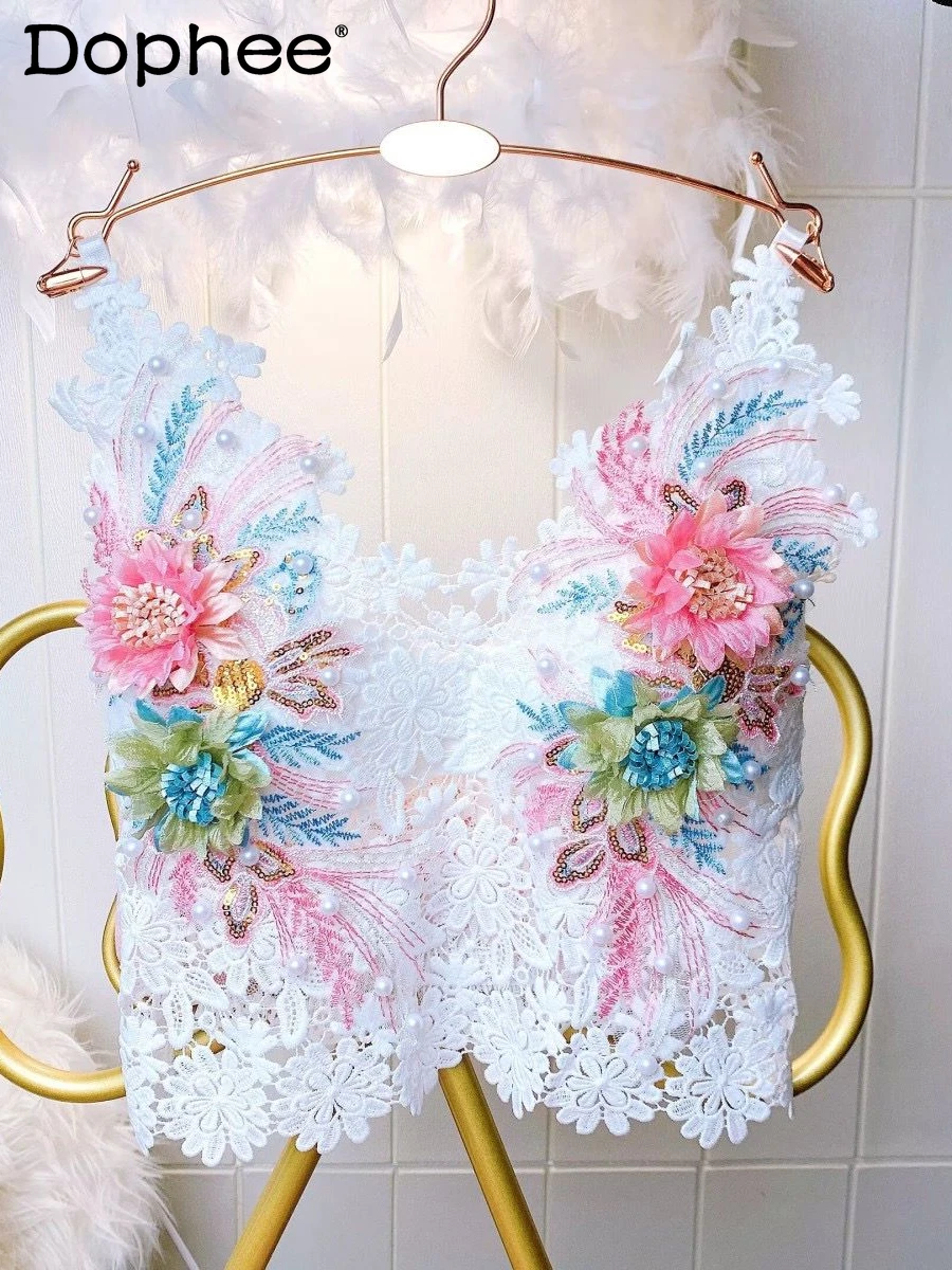 Beautiful Sling Tank Top Female Sweet Heavy Industry Beads Three-dimensional Flower Inside Lace Underwear Crop Tops Women