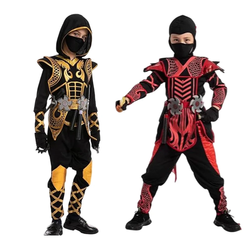 Ninja Halloween Costume for Boys Girls Superhero Outfit Red Golden Ninja Carnival Party Cosplay Clothes Birthday Gift