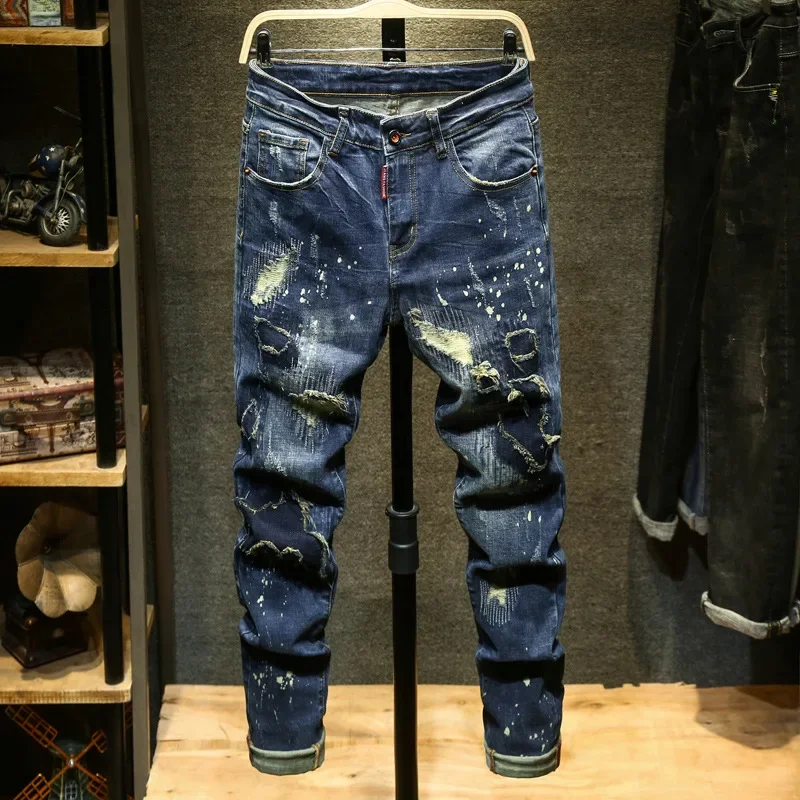 Vintage Jeans For Men 2023 Fall Winter Slim Fit Korean Style Embroidered Long Pants Unique Sihouette Smoothing System