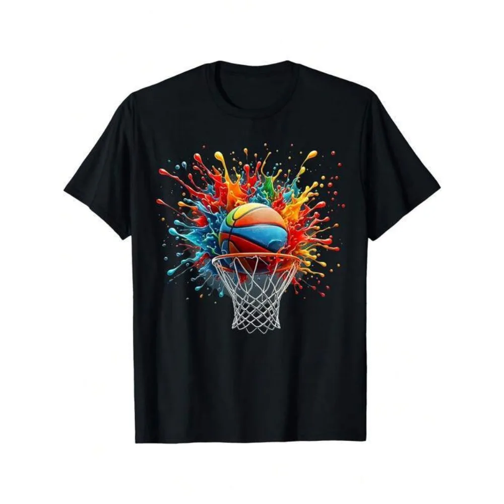 Boys' And Girls' Colorful Inkjet Basketball Basket Pattern T-Shirt