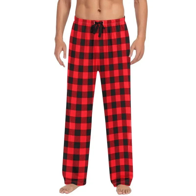 Men Pajama Pants Fleece Pants Soft and Comfortable Plaid Trousers Breathable Elasticated Waistbands Youth Sleeping Pants Red