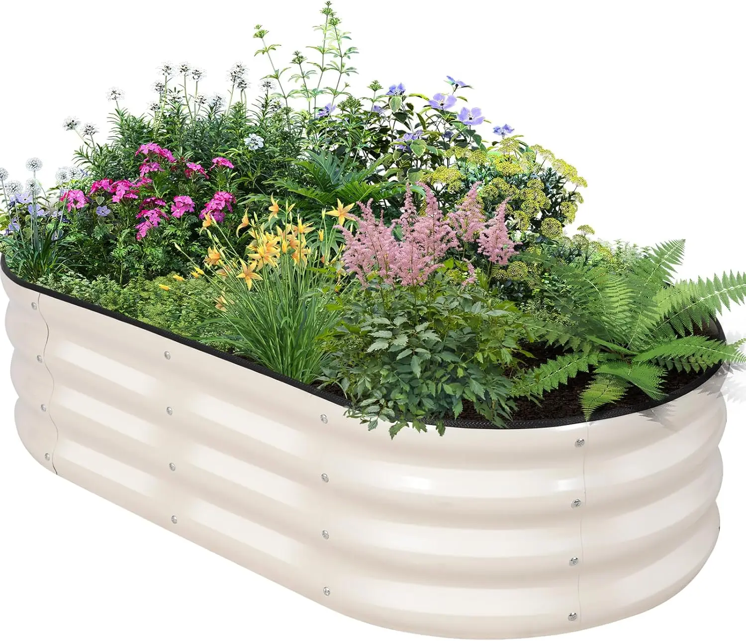4x2x1ft Oval Metal Raised Garden Bed with Safety Edging and Gloves for Vegetables Fruits Flowers - White