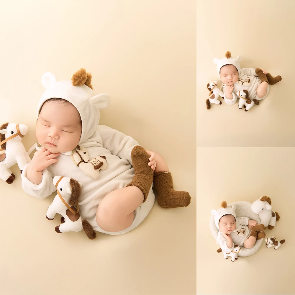 Baby Photoshoot Props Pony Theme Soft Horse Hooded Romper Set Plush Pony Dolls Decor Props for Studio Professional Photographers