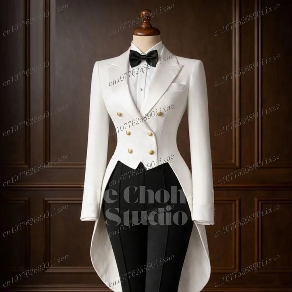 Long White Blazer And Black Women Suits Lady Business Office Tuxedos Mother Wedding Party Formal Ladies 2 Piece Set Jacket Pants