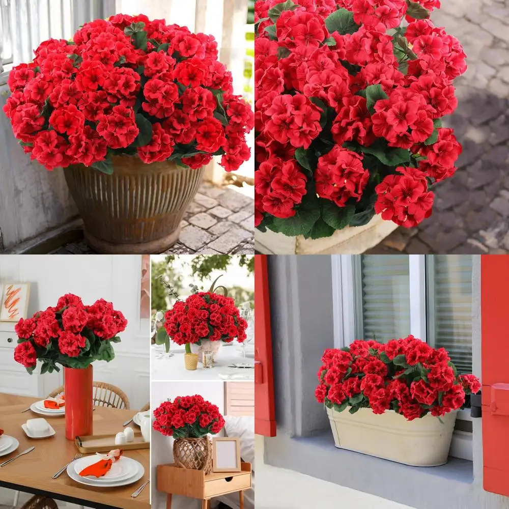UV-Resistant Outdoor Artificial Geranium Flowers, 24-Piece Red Silk Blooms, Durable Garden Plants, Faux Flower Arrangement for L