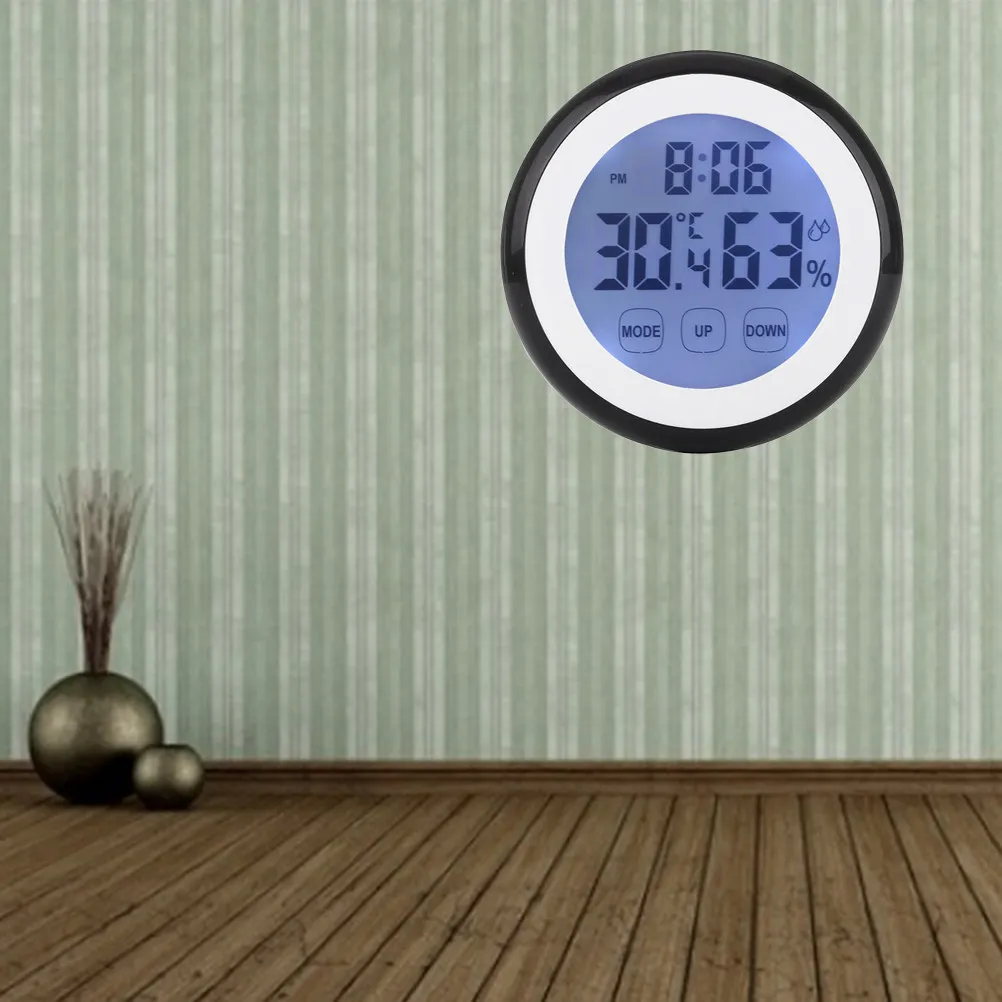 Touch Screen LCD Black Electronic Temperature Humidity Meter Digital Thermometer Hygrometer Clock Calendar Indoor Table Wall