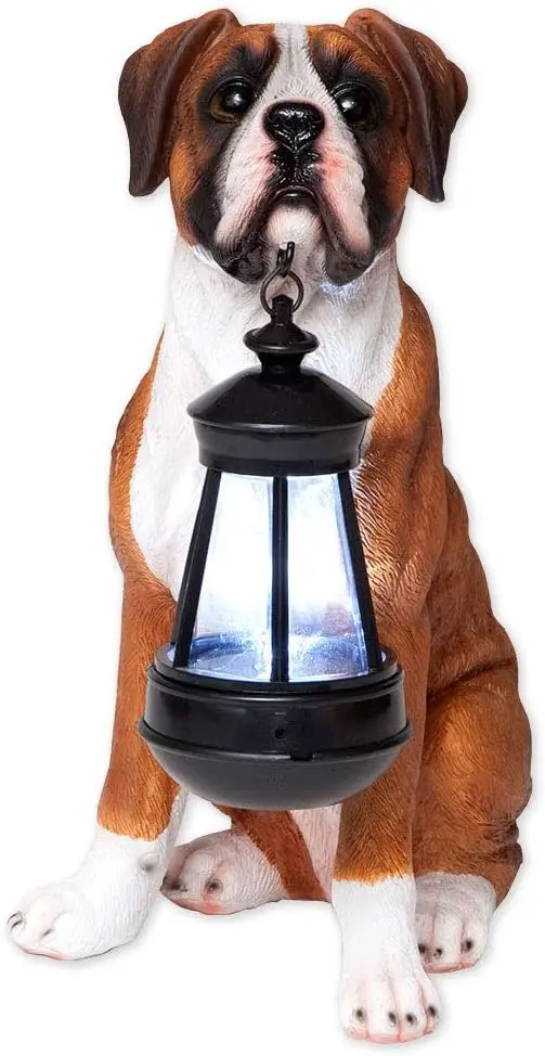 Solar Powered Dog Lantern Statue - LED Outdoor Garden Lighting and Decor Resin Sculpture
