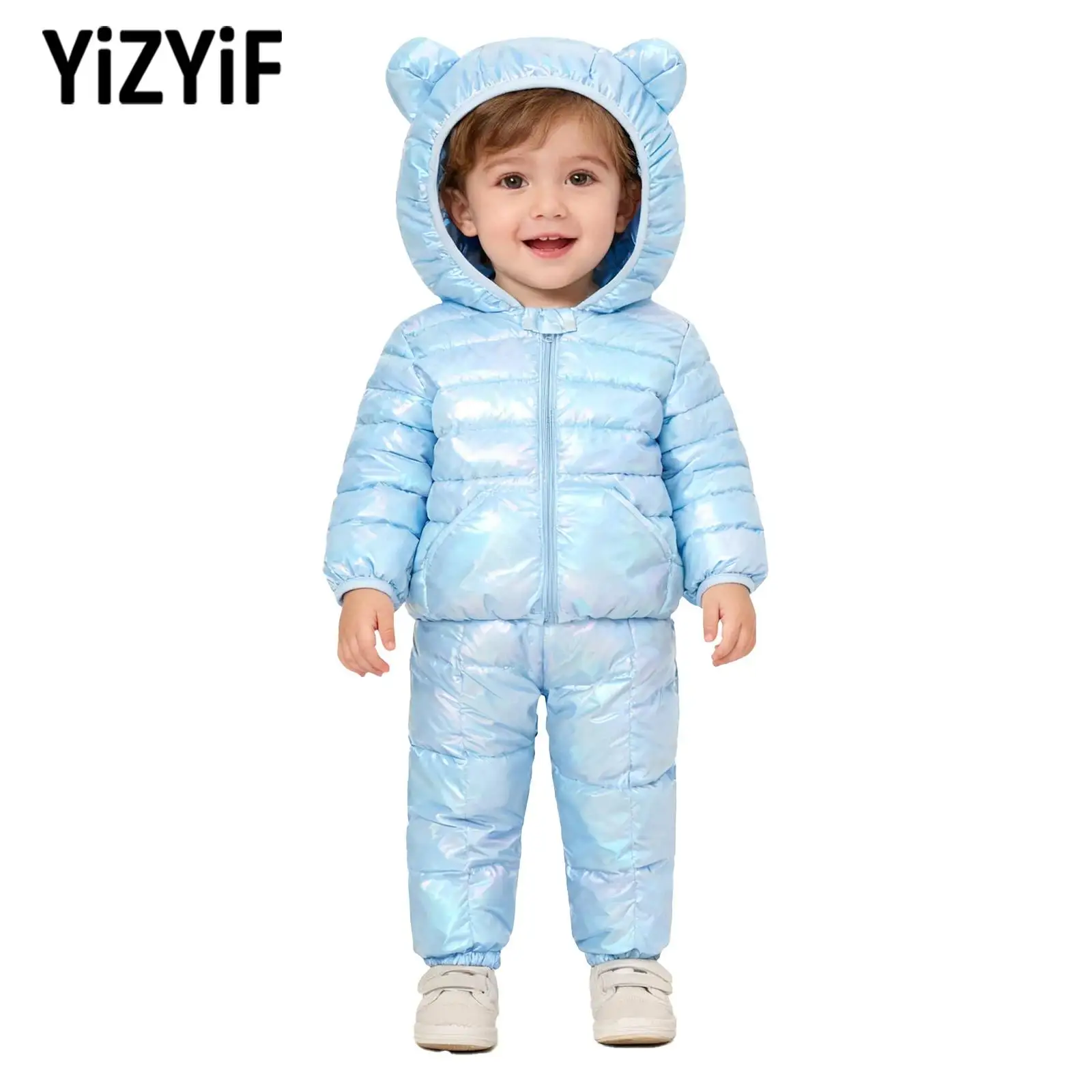 Children Toddler Metallic Snowsuit Padded Ski Suit Boys Girls Winter Clothes Fashion Long Sleeve Bear Ears Hooded Jacket+Pants