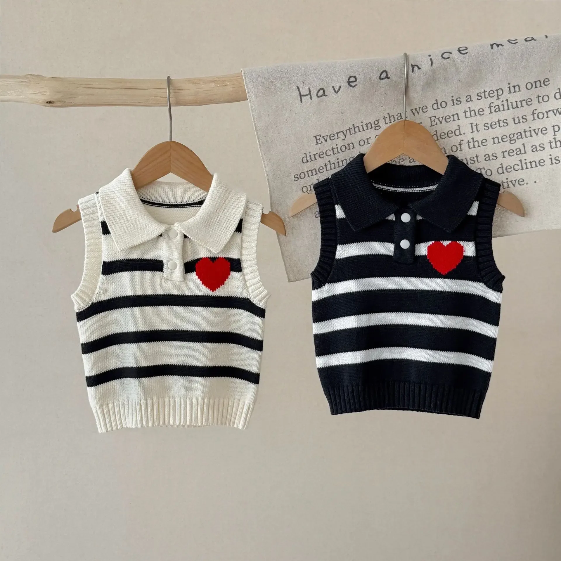 Spring Baby Girls Knit Striped Vest 0-3Y Newborn Girl Heart Polo Collar Soft Sleeveless Sweater Kid Daily Autumn Fashion Clothes