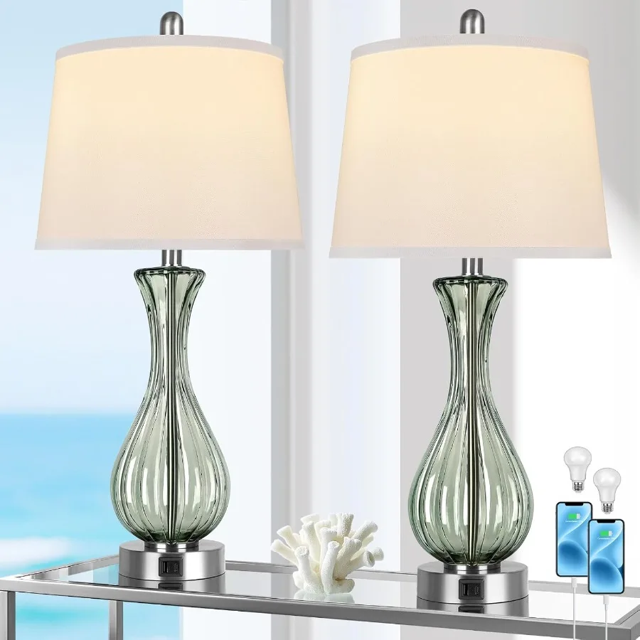 27.5" Coastal Glass Table Lamp Set of 2 3-way Dimmable Full Touch Control Beach Lamp with USB A+C Port Glass Nautical Bedside L