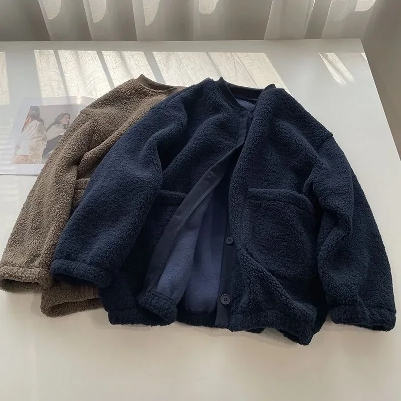 Lamb Fur Trimmed Thickened Fleece Baseball Style Sweater Coat for Women Autumn Winter Student Pure Color Button Cardigan Hoodie