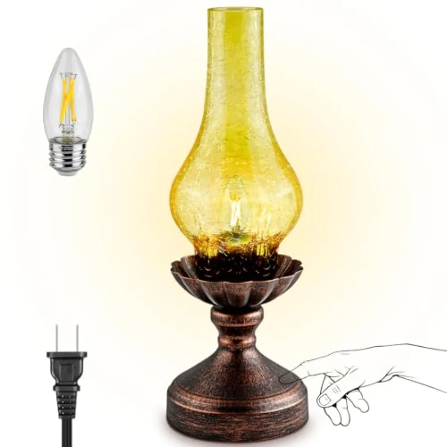 Touch Control Vintage Table Lamp 3-Way Dimmable Rustic Retro Farmhouse Bedside Lamp with Amber Glass Shade and LED Bulb for Bed