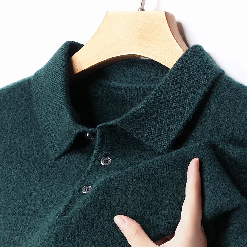 Wool Lapel Long-sleeved Men's Knitted POLO Shirt Solid Color Middle-aged Bottoming Sweater Men's Clothing