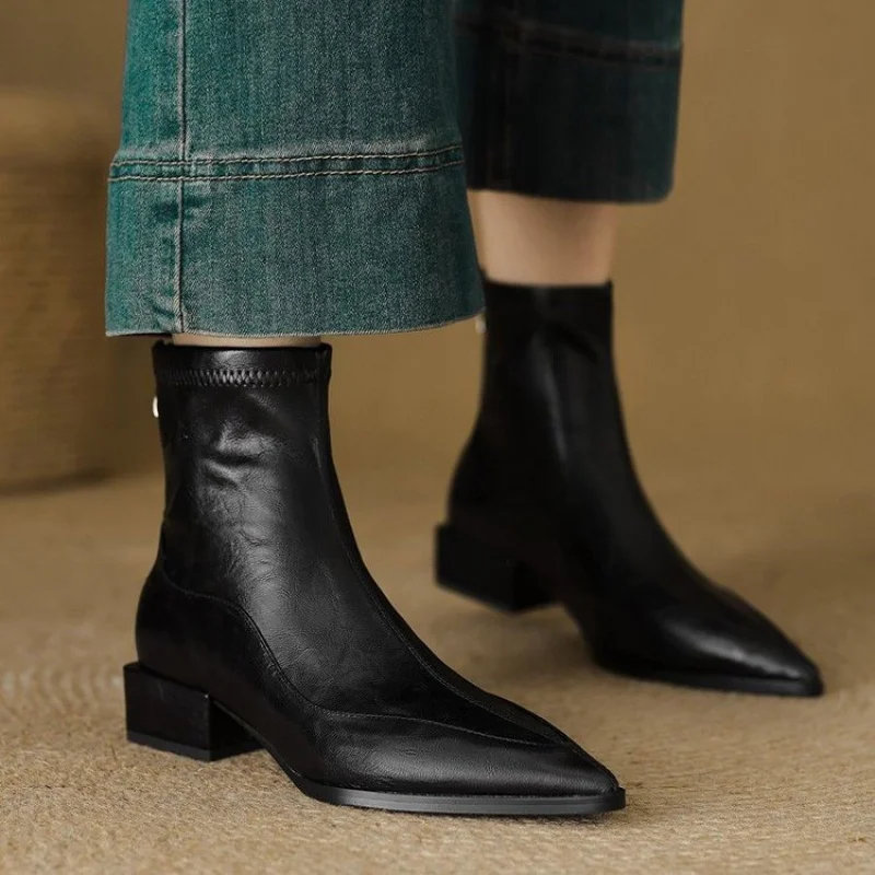 Women's Pointed Toe Slim Boots for Autumn/Winter - Retro Chunky Heel Chelsea Ankle Boots, Jeans Matching Commuter Boots