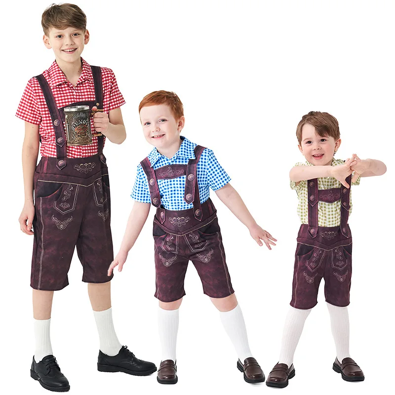 Baby Boy Clothes German Oktoberfest Costume Kids Checkered T-Shirt+Overalls+Socks 3Pcs Cosplay Sets Children's Clothing