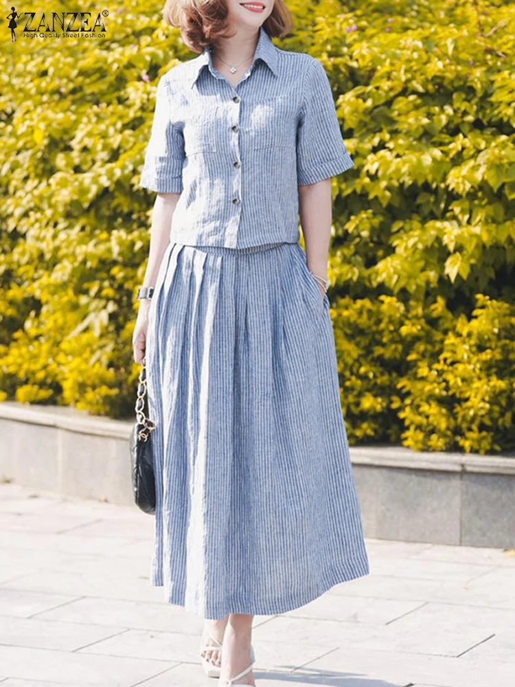 ZANZEA Elegant Women 2 Piece Sets Summer Outfits Lapel Neck Short Sleeve Shirt Midi Dress Sets 2025 Stylish Stripe OL Tracksuit