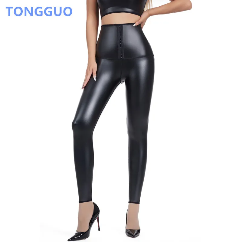 Cool girl Adjustable Body Shaper Leather Leggings High Waist Pants Elastic Tights Waist Trainer Shaping Pants Leather Shapewear
