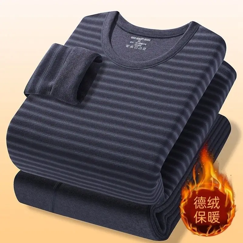 Autumn and Winter 2025 Thermal Underwear Set Men's Double-sided German Velvet Cold-proof Bottoming Shirt Crew Neck Long Johns