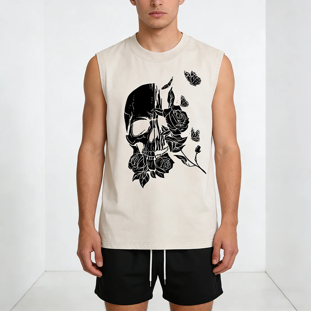Summer Men's Casual Outfit Black Vintage Washed Tank Top & Quick Dry Double-Layer Beach Shorts Set Skull & Roses Graphic Print