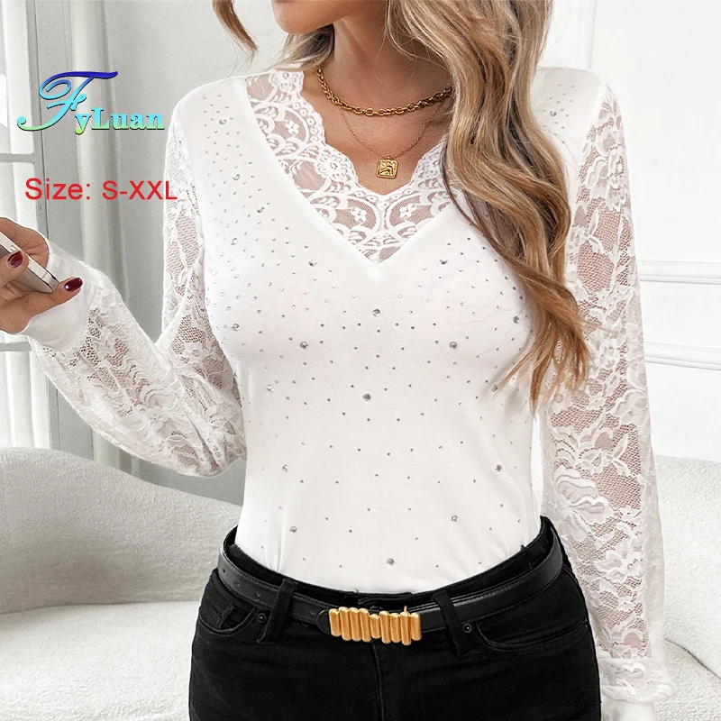 2025 New Temperament Women's T-Shirt V Neck Solid Color Splicing Lace Hot Rhinestones Pullover Fashion Lantern Sleeve Loose Top