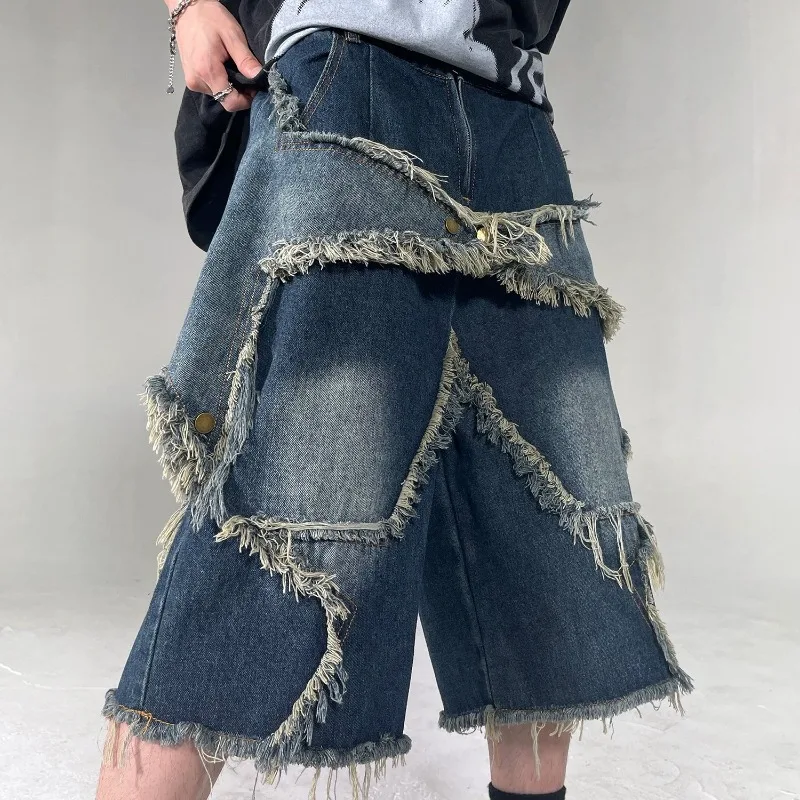 2025 New Men's Denim Shorts Harajuku Retro Tassel Patchwork Men's Shorts High Street Loose Hip-hop Trend Streetwear Men's Wear