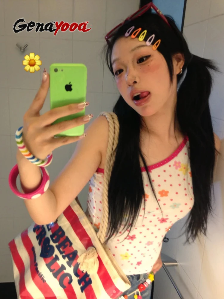 Genayooa Y2k Japanese Tank Tops Women Patchwork Sleeveless Print Floral Tops Off Shoulder Camis Tops Irregular Summer T-shirts