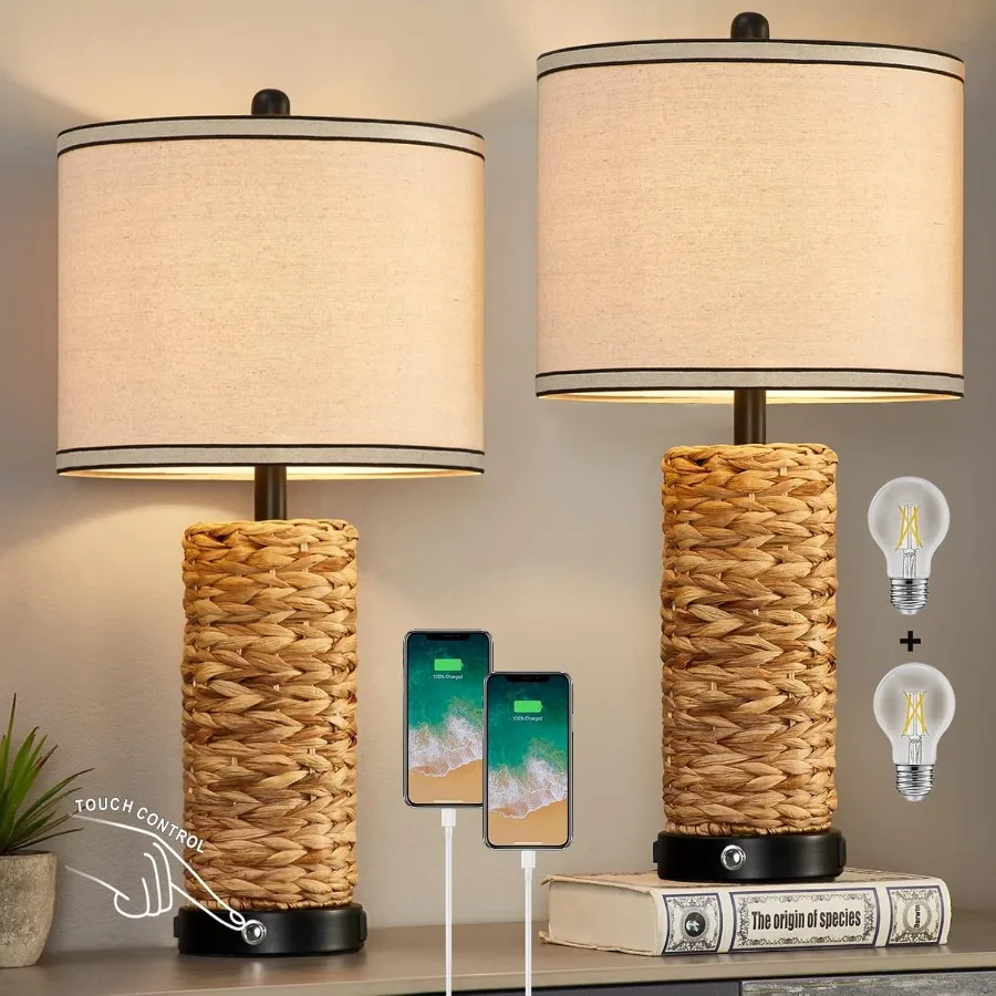 Rattan Table Lamp Set of 2 Wicker Lamps Dimmable Touch Seagrass Table lamp with 2 USB Ports and 1 AC Outlet for Bedroom Nightst