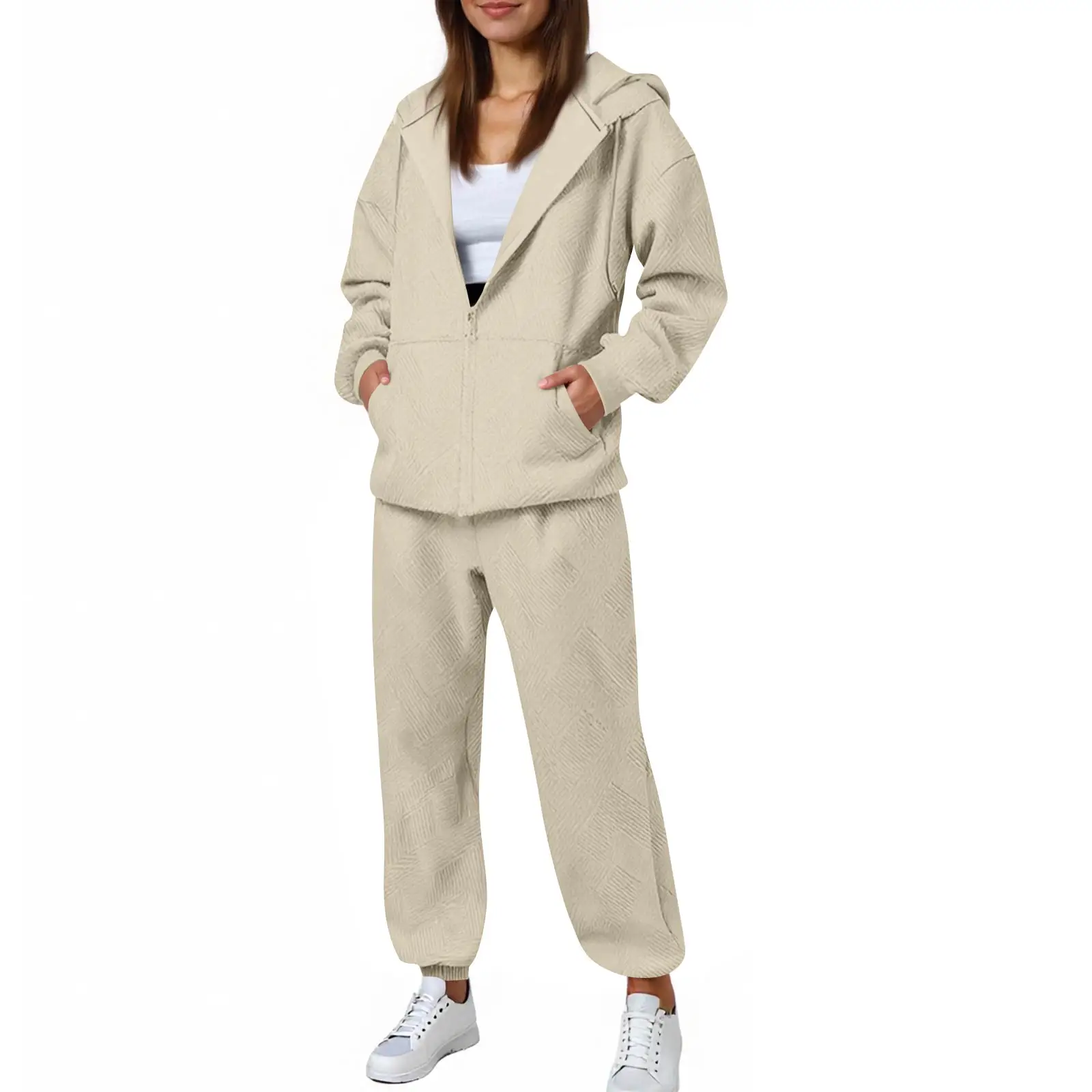 Hot Casual Women Two Piece Set Trendy Herringbone Texture Zipper Hoodie Popular Long Sleeve Wide Leg Pants Comfy Lounge Outfit