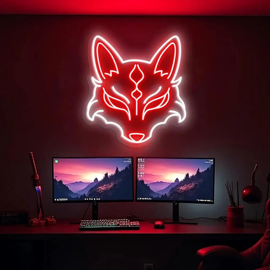 Kitsune Mask Neon Sign Japanese Fox Spirit LED Light Wall Decor Sign Fox Neon Sign Anime Room Decor Neon Sign