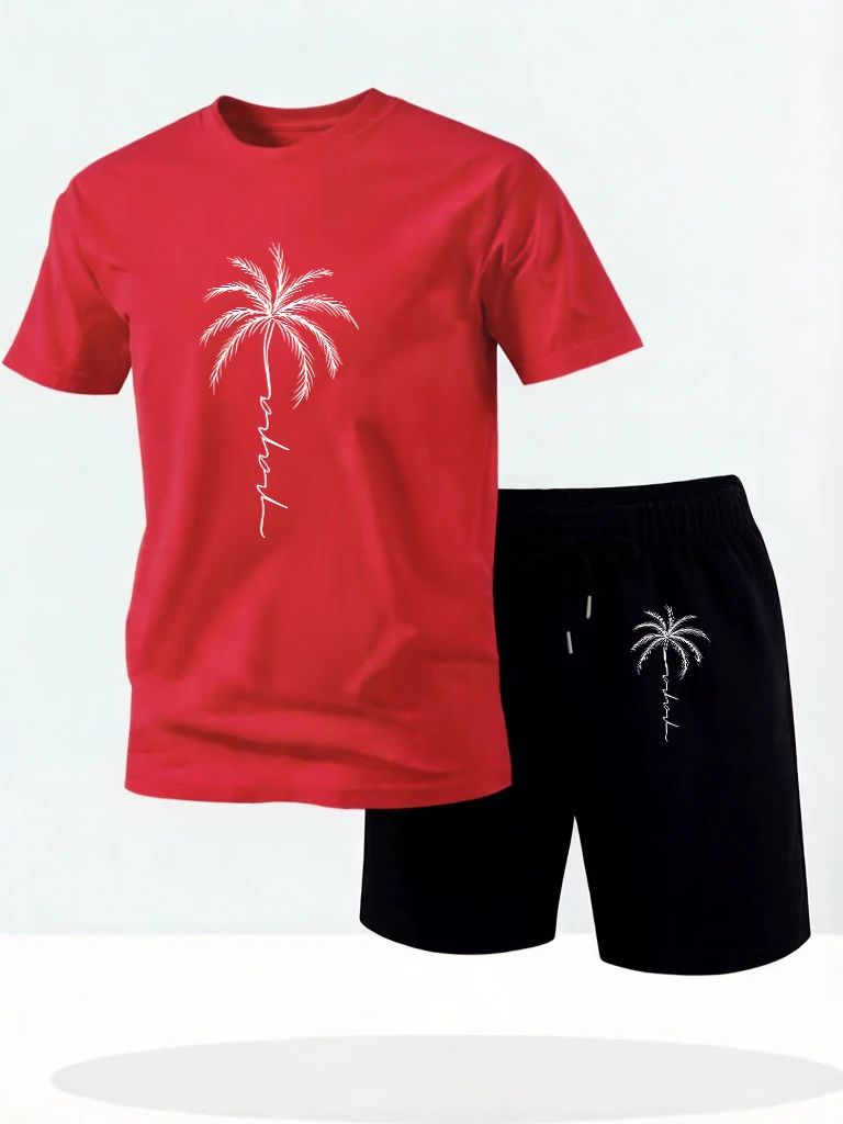Coconut Tree Creative Sketch Print Man Cotton Breathable Street Clothing Summer Simple T Shirt Sets Pocket Loose Fashion Shorts