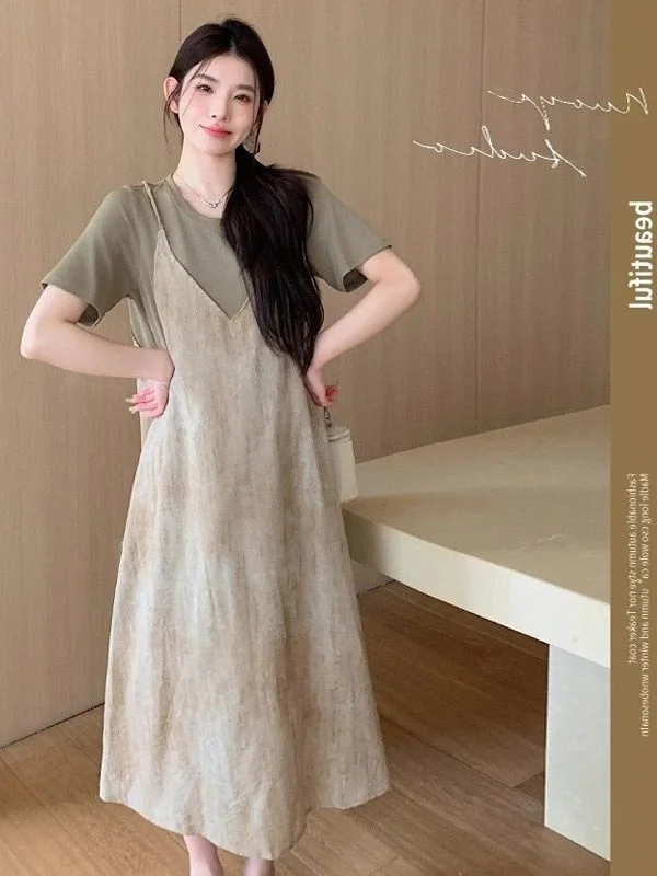 plus Size 300 Pou Faionable Casual Loose Splice Strap Dr Slimming Long A-Line Skirt for plus Size Women Summer Dr