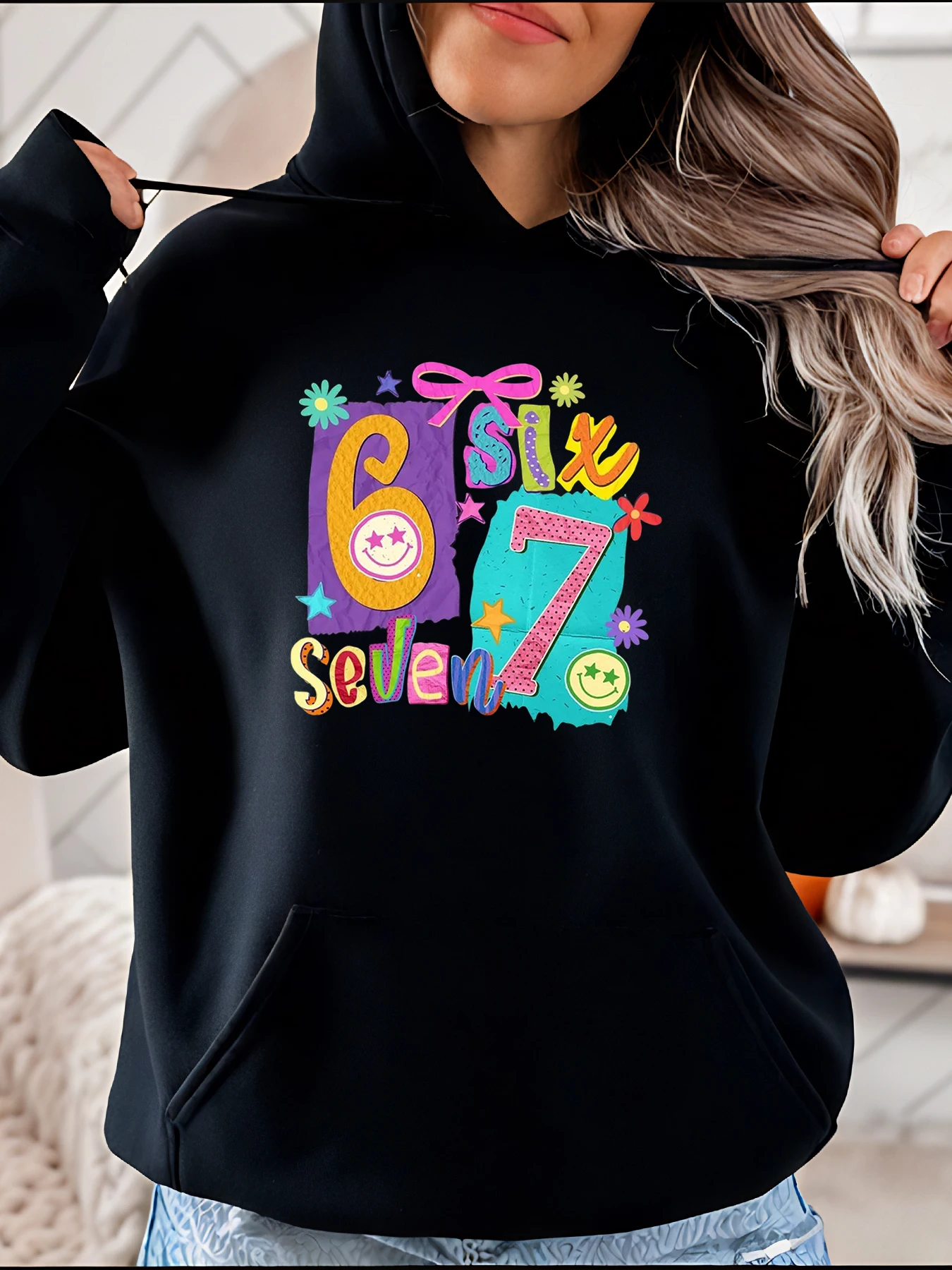 Women's Black Hoodie 6 Seven Birthday Number Print Casual Sweatshirt for Kids and Adults Party Wear