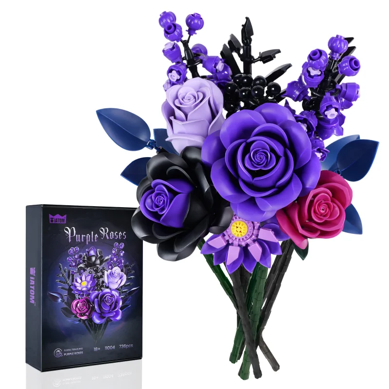 Purple Rose Bouquet Building Blocks Set Artificial Flowers Gothic Plant Home Decor Floral Model Brick Toys Gifts for Girls Women