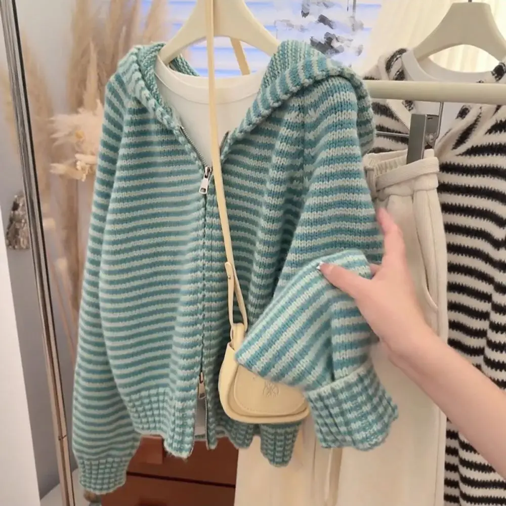 Korean Style Green Knitted Cardigans for Women Casual Loose Knit Hooded Zipper Coats Autumn Winter Warm Sweater Jackets Tops