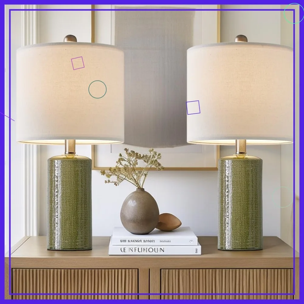 Set of 2 Modern Ceramic Table Lamps, 20.25" Green Boho Farmhouse Style for Living Room Bedside Night Stands