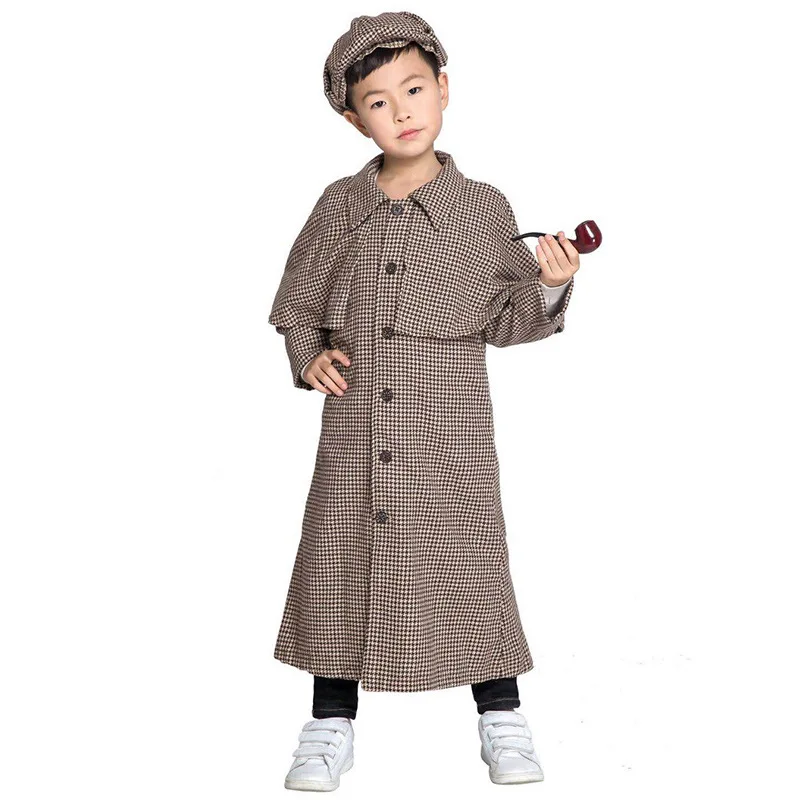 Halloween Kid Detective Coat Hat Outfit Detective Cosplay Costume Boy Girls Long Coat Suit for Party and Special Occasions