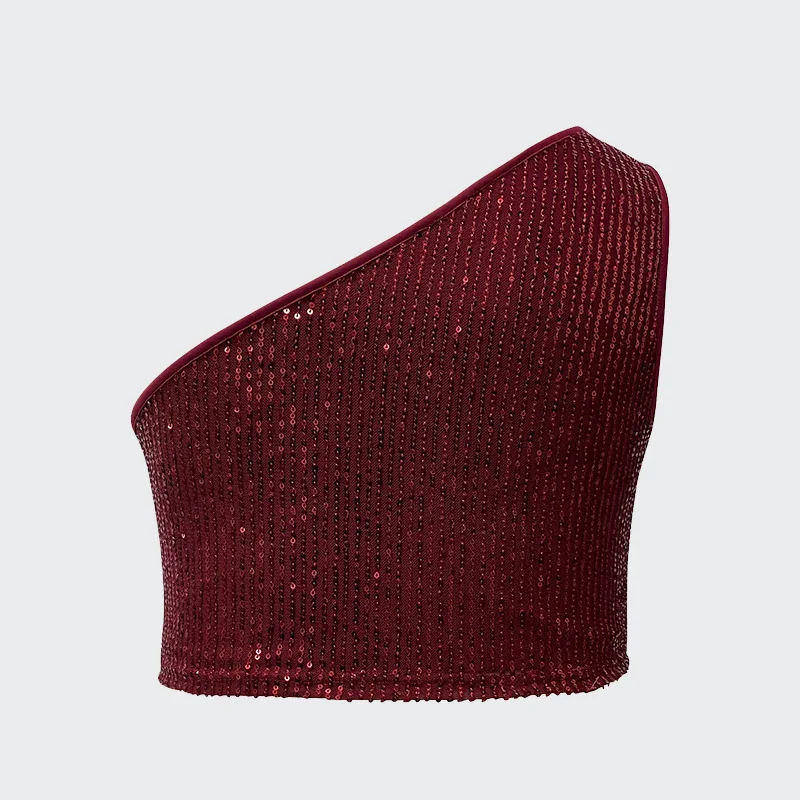 Plus Size Women Sequin One Shoulder Crop Top Red Glitter Tight Vest Sleeveless Tank Rave Party Clubwear Night Out Blouse