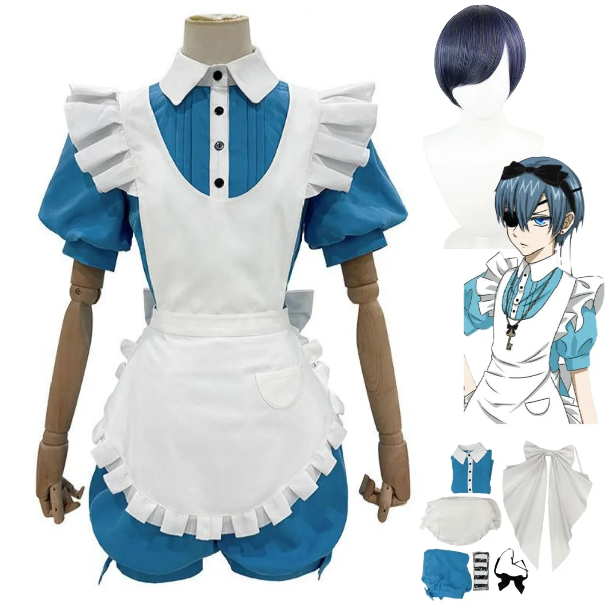 Anime Ciel Phantomhive Smile Cosplay Costume Kuroshitsuji Alice Alice Maid Apron Dress Wig Man Woman Cute Christmas Suit