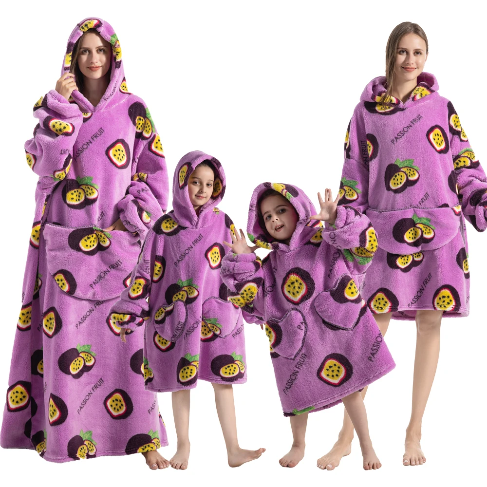 Winter Family Clothes Flannel Wearable Blanket Hoodies Women Loose Oversize Sweatshirts Mother Kids Sherpa Fleece Blanket