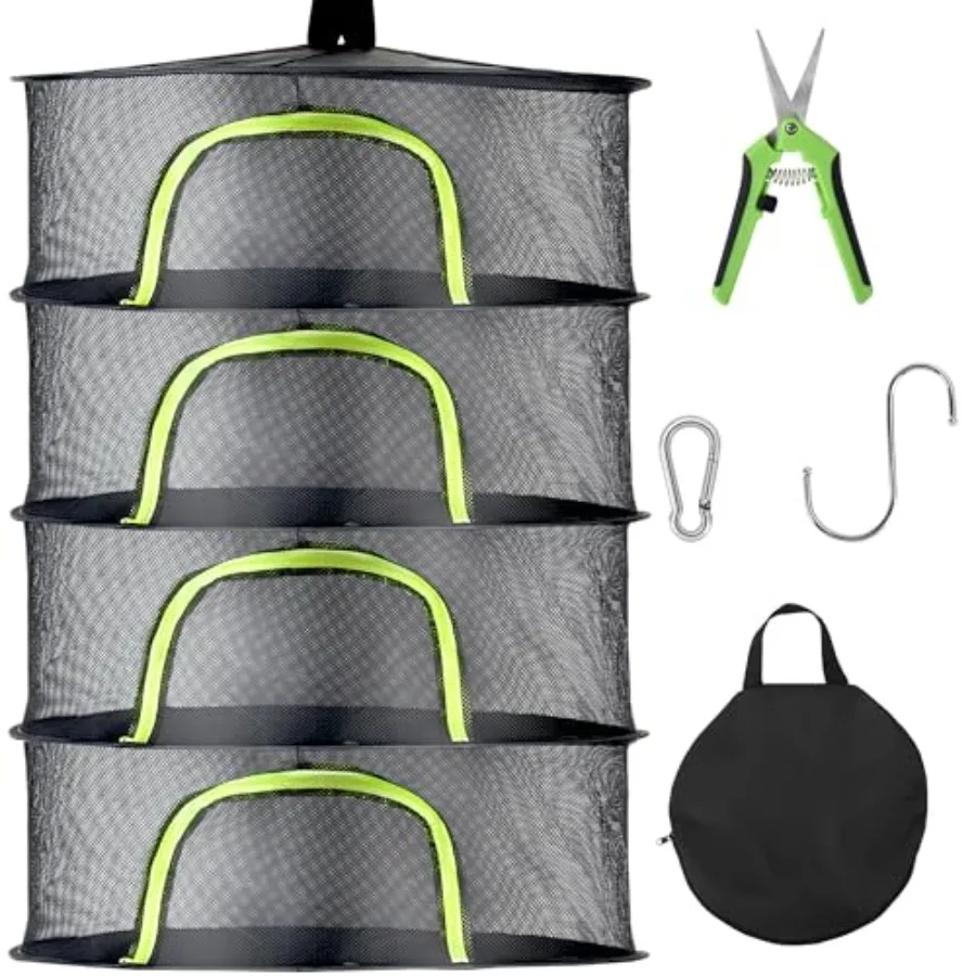Herb Drying Rack Hanging Mesh 4 Layer 24 with Zipper Garden Pruning Shear Hook Carabiner Clip for Drying Plants Seeds Buds Outd