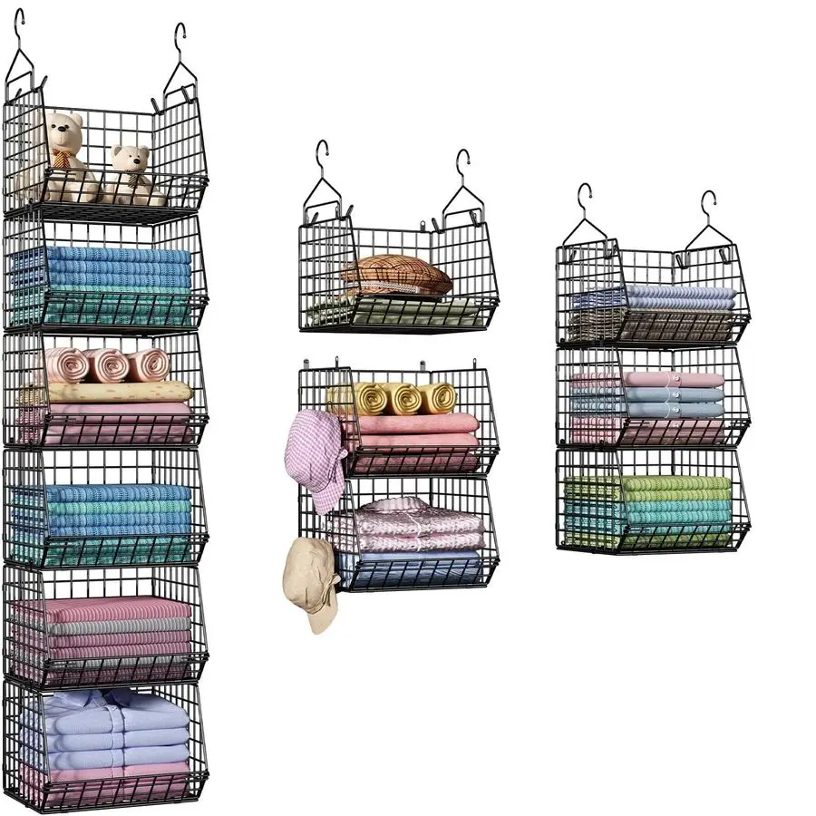 Tier Closet Hanging Organizer, Clothes Hanging Shelves with 4 Hanging Hooks 5 S Hooks, Wire Storage Basket Bins, for Clothing Sw