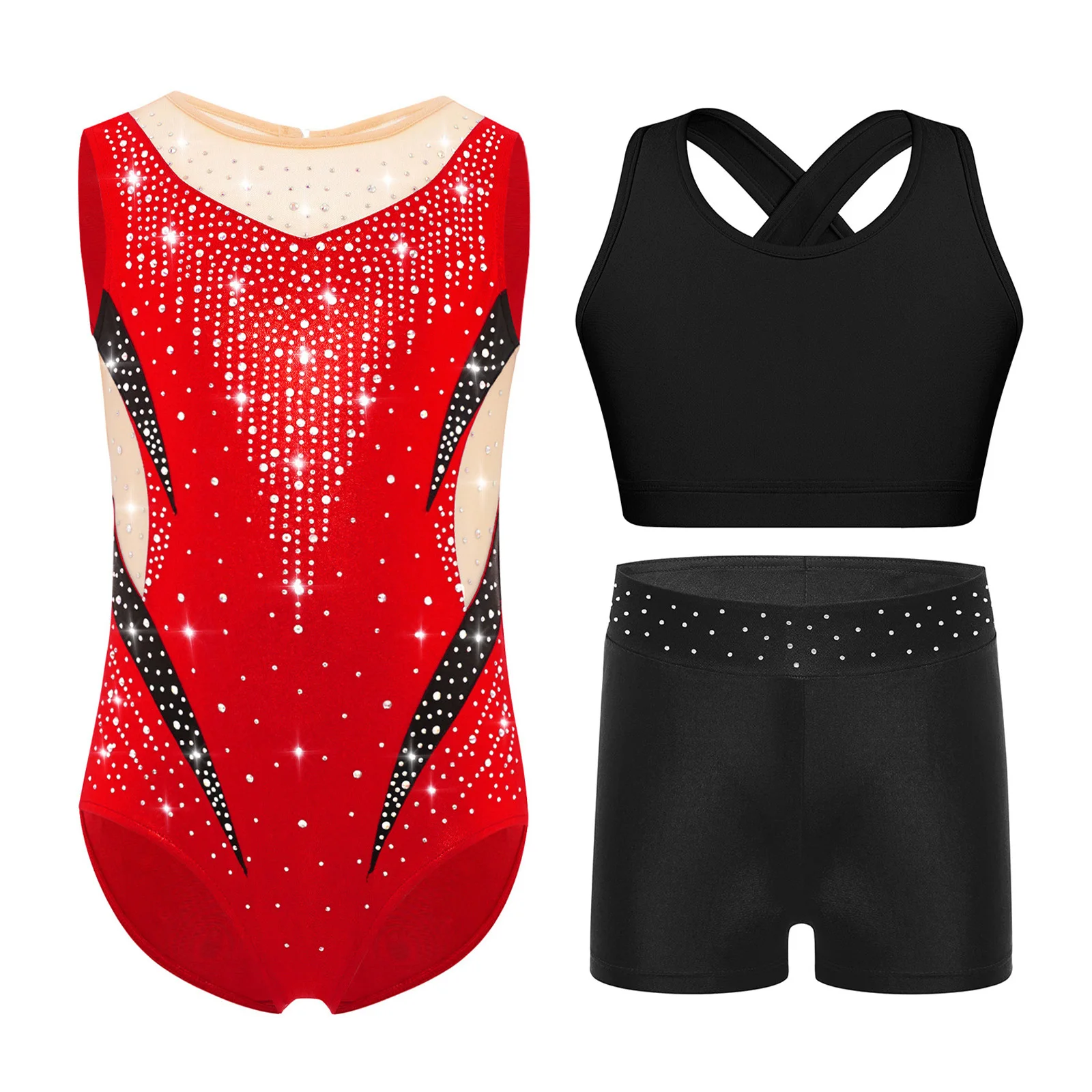 Kids Girls Gymnastics Figure Skating Dance Bodysuit Sleeveless Mesh Patchwork Shiny Rhinestones Metallic Leotard+Vest Top+Shorts