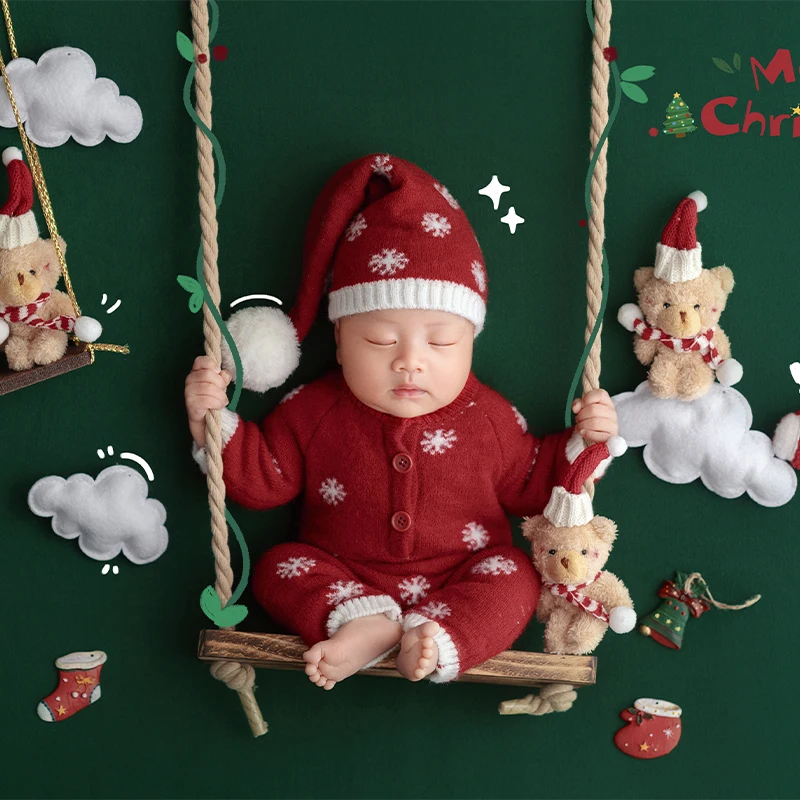 Newborn Baby Christmas Outfit Red Snowflake Knitted Romper + Santa Hat for 0-2 Months Infant, Swing Scene Photo Shooting Props