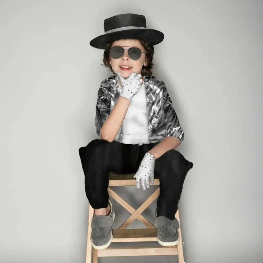 Kids Boy Michael Jackson Billie Jean Cosplay Black Suit Dance Disco Halloween Fancy Dress Up 80s Pop King Costume for Top Pants
