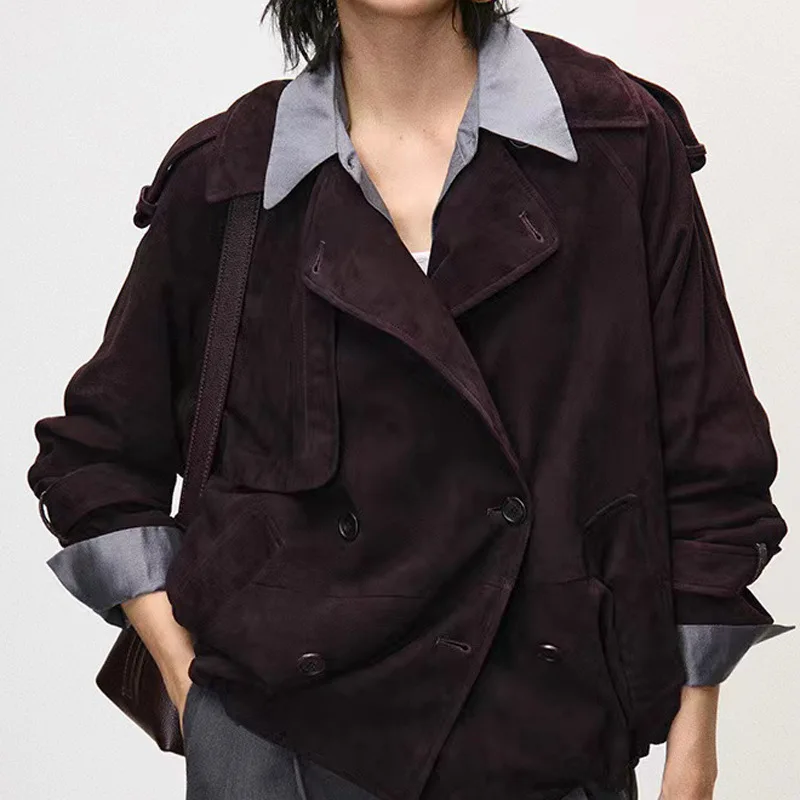 Real Suede Jacket Autumn Women Sheepskin Old Money Wind Casual Double-Breasted Short Lapel Work Clothes Dark Blue Leather Coat