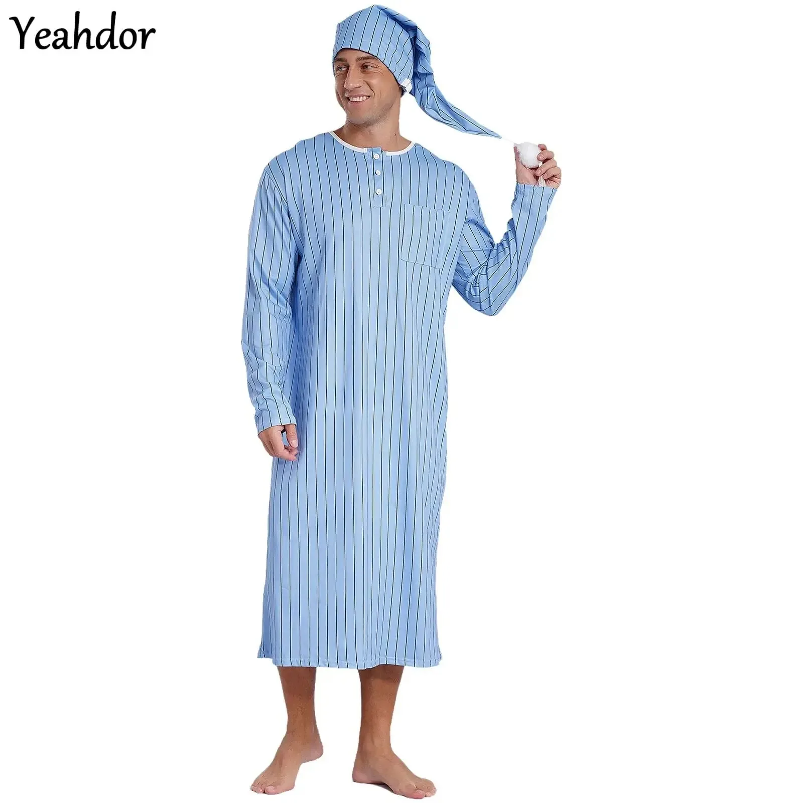 Men Christmas Striped Sleep Robe Long Sleeve Long Robe Nightshirts And Sleep Hat Pajama Set Soft Loose Sleepwear Robe Nightdress