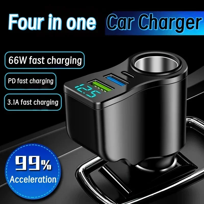 66W 4 Ports Car Charger Fast Charging USB Type C Car Lighter PD QC3.0 Car Phone Charger For iPhone Samsung Huawei Xiaomi