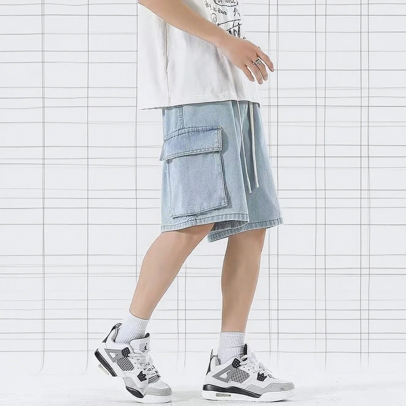 Multi-pocket five-point denim shorts male loose large size cropped plus size summer thin section streetwear cargo shorts men