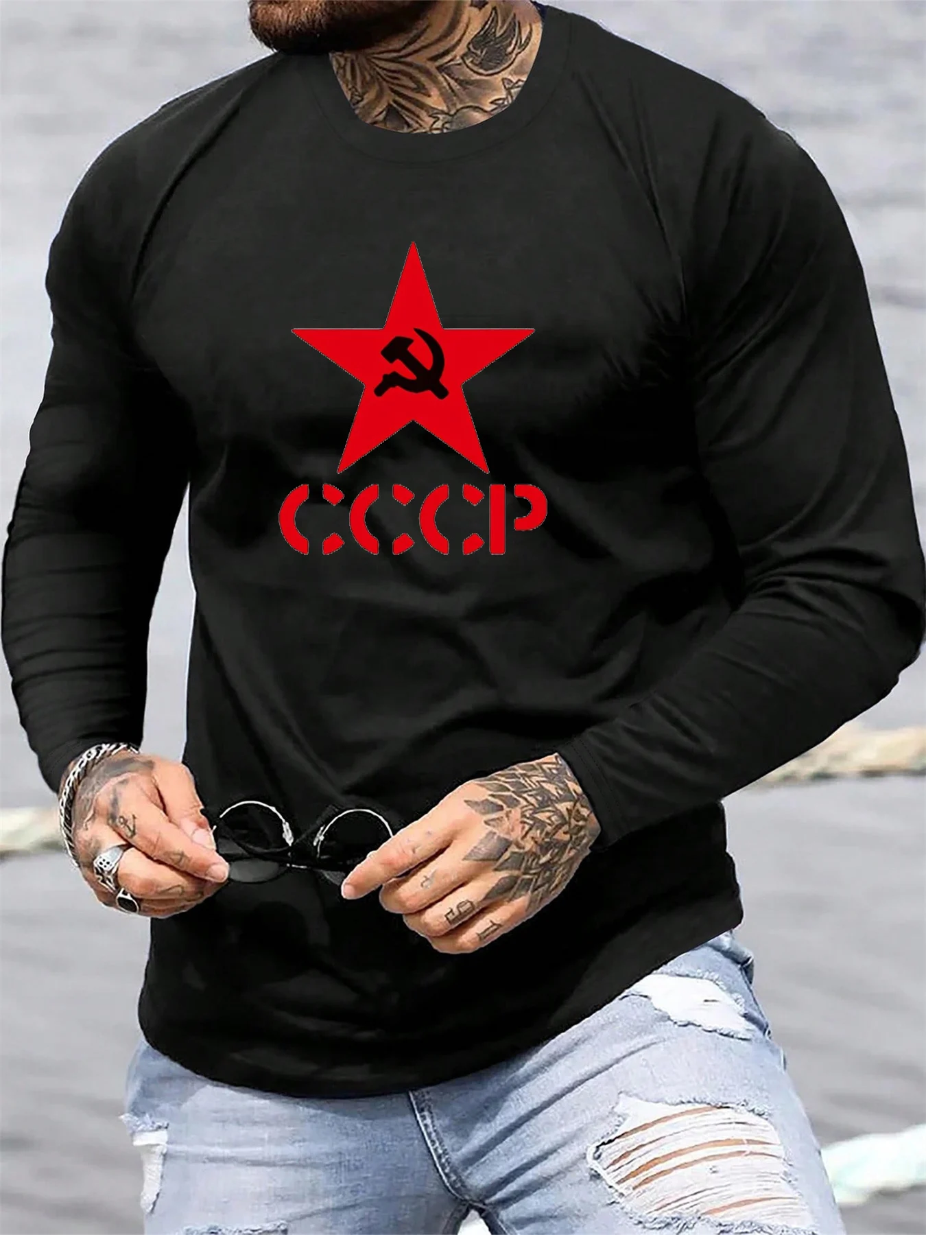 100% cotton men's long sleeved round neck loose fashion letter pattern printed print autumn and winter casual versatile T-shirt