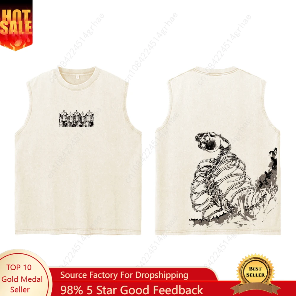 Men's Washed Tank Tops Anime Attack On Titan Print Vintage Cotton Sleeveless T Shirts Running Loose Muscle Gym Workout Top Tees